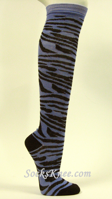 Light Blue Black Zebra Striped Women's High Knee Socks - Click Image to Close