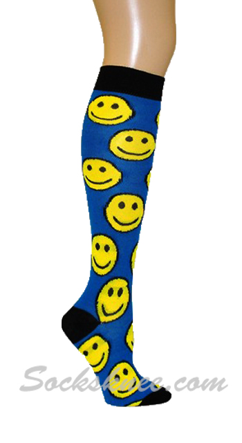 Happy Face Blue Knee High Fashion Socks - Click Image to Close