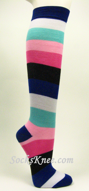 Blue White SkyBlue Pink Black Stripe Fashion Knee Sock for Women - Click Image to Close