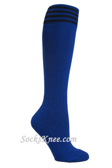 Blue youth Football/Sports knee socks w black stripes - Click Image to Close