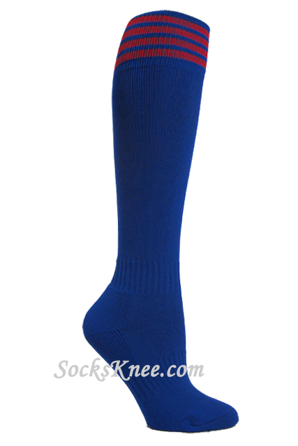 Blue youth Football/Sports knee socks w red stripes