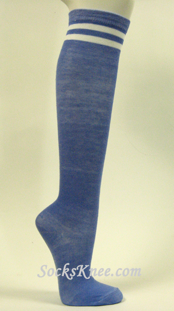 Light Blue with 2 White Stripes Womens High Knee Socks