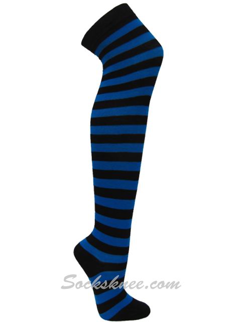 Black and Bright Blue Over Knee Thigh High wider striped socks - Click Image to Close