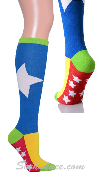 White Bold Star-Mini Stars Bright Blue Knee High Socks - Click Image to Close