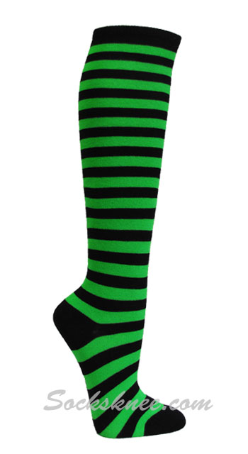 Black and Bright Green Women Striped Knee Socks - Click Image to Close