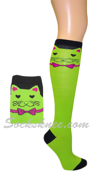 Cat with Bow Ties Bright Lime Green Knee High Fashion Socks - Click Image to Close