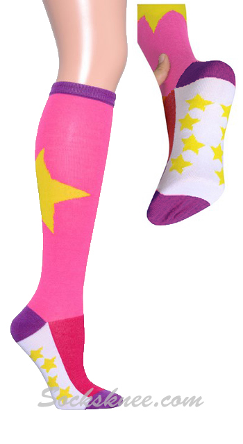 Bright Pink Bold Star-Mini Stars Yellow Knee High Socks - Click Image to Close