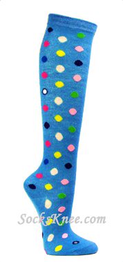 Bright Blue Knee High Socks with Polka Dots - Click Image to Close