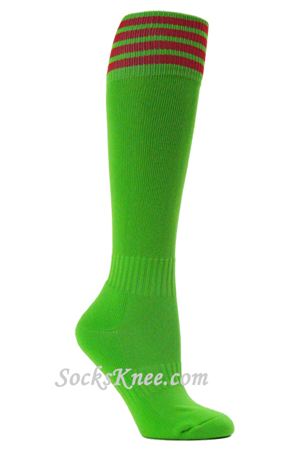 Bright Lime Green and Red Kids Football Sport High Socks - Click Image to Close
