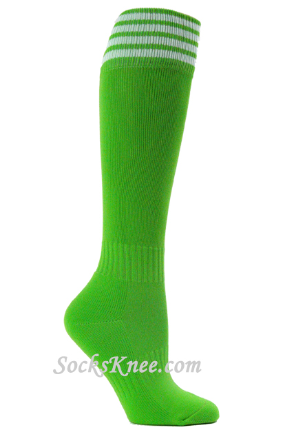 Bright Lime Green and White Kids Football Sport High Sock - Click Image to Close