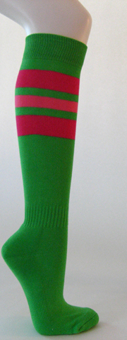 Bright green cotton knee socks hot pink pink striped - Click Image to Close