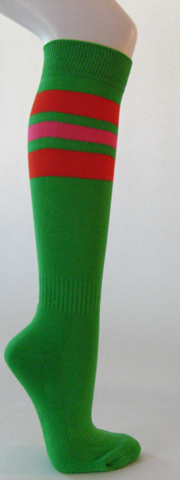 Bright green cotton knee socks orange bright pink striped - Click Image to Close