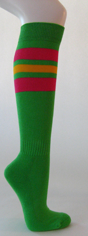 Bright green cotton knee socks bright pink yellow striped - Click Image to Close
