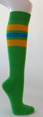 Bright green cotton knee socks golden yellow blue striped - Click Image to Close