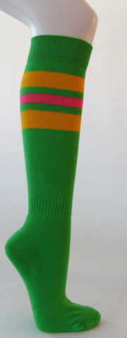 Bright green cotton knee socks golden yellow pink striped - Click Image to Close