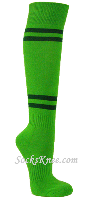 Bright green with Dark Green stripes cotton knee socks for Sport - Click Image to Close
