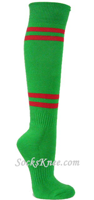 Bright green with Red stripes cotton knee socks for Sport - Click Image to Close