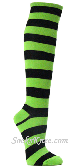 Bright Lime Green and Black Striped Knee High Socks for Women - Click Image to Close