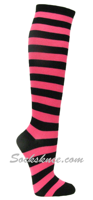 Black and Bright Pink Striped Knee Socks - Click Image to Close