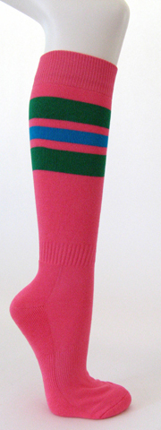 Bright pink cotton knee socks green bright blue green striped - Click Image to Close