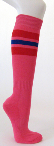 Bright pink cotton knee socks red blue striped - Click Image to Close