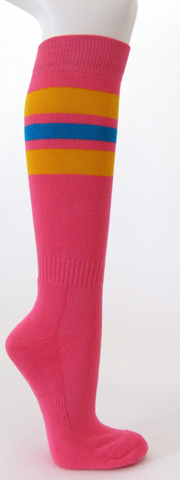 Bright pink cotton knee socks yellow bright blue striped - Click Image to Close