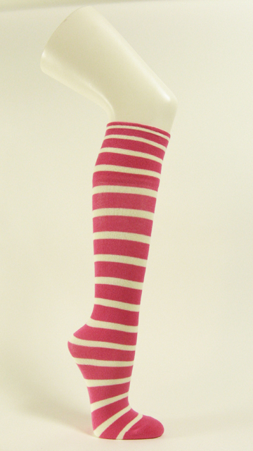 Bright pink under knee socks striped with white no heel - Click Image to Close