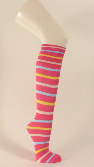 Bright pink under knee sock stripe w yellow light blue no heel - Click Image to Close