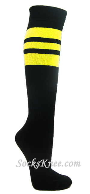 Bright Yellow Stripe on Black Cotton Knee High Sock for Sports