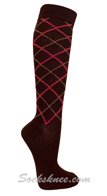 Brown with Pink / Taupe Line Argyle Women knee High Socks - Click Image to Close
