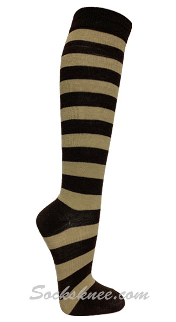Brown / Taupe Women Wider Striped Knee Socks - Click Image to Close