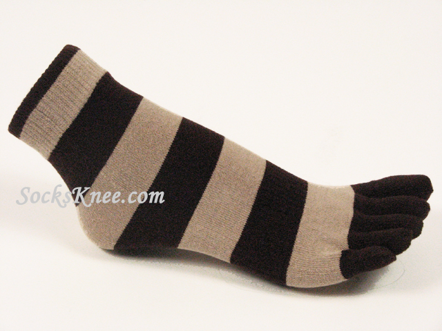 Dark Brown Beige Striped Toe Toe Socks, Ankle High - Click Image to Close