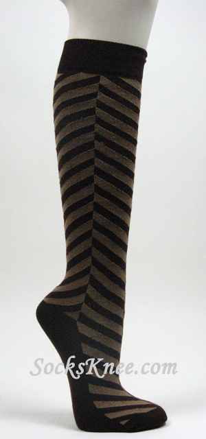 Brown Beige Chevron Herringbone Womens Stripe Knee Sock - Click Image to Close