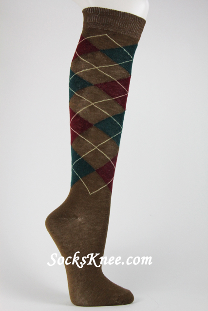 Brown with Maroon Argyle socks knee high - Click Image to Close