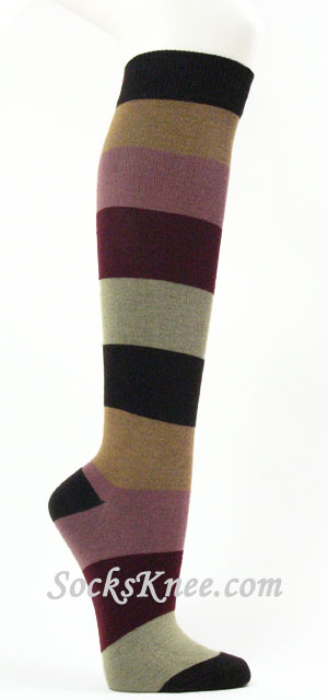 Brown Khaki Maroon Wider Striped Knee high socks - Click Image to Close