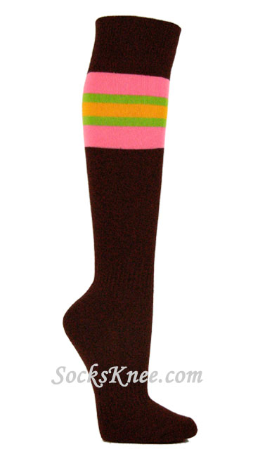 Brown Socks With Pink Lime-Green Golden Yellow Stripes for Sport