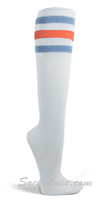 White / Carolina Blue Orange stripes Women High Quality knee socks - Click Image to Close