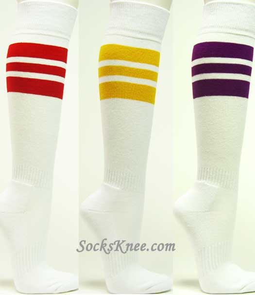 25” KNEE HIGH WHITE tube socks with GOLD/MAROON stripes style 3 25-39 