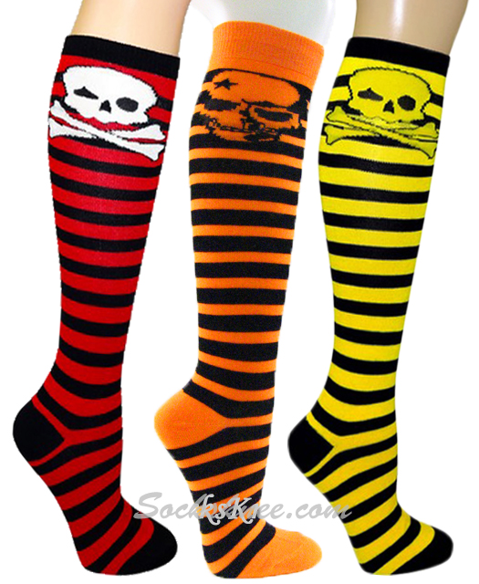 Black And Orange Striped With Skull And Crossbones Over The Knee Socks 
