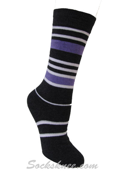 Mens Charcoal Designed Dress socks with Lavender / White Stripes - Click Image to Close