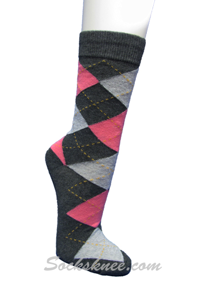 Charcoal Gray Bright Pink Argyle Mens Cotton MidCalf Dress socks - Click Image to Close