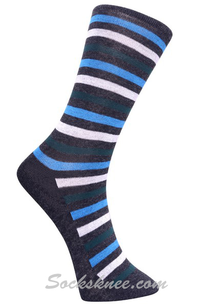 Charcoal Men's Bright Blue White Olive Stripes Dress Socks - Click Image to Close