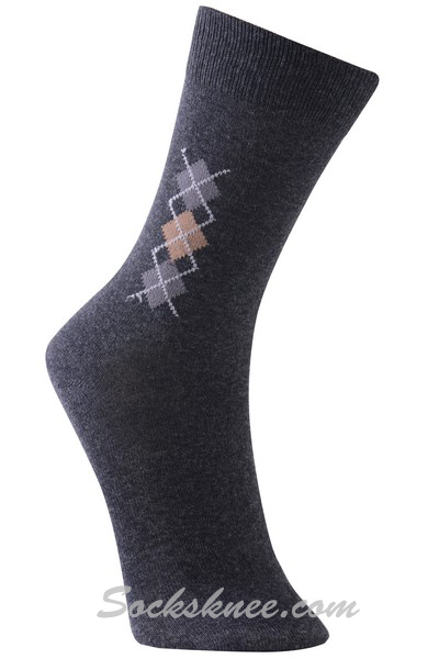 Charcoal Gray Beige Men's Mini Diamond Mid Calf Dress socks - Click Image to Close