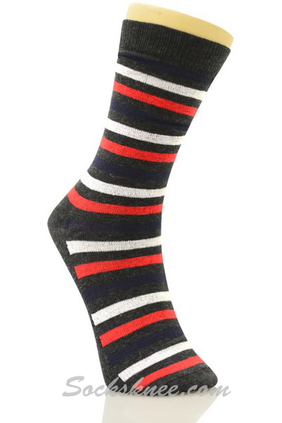 Charcoal Men's Navy White Red Stripes Dress Socks - Click Image to Close