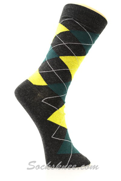 Charcoal Olive Yellow Argyle Cotton Mid-Calf Dress socks - Click Image to Close