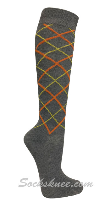 Charcoal with Orange / Yellow Line Argyle Women knee High Socks - Click Image to Close