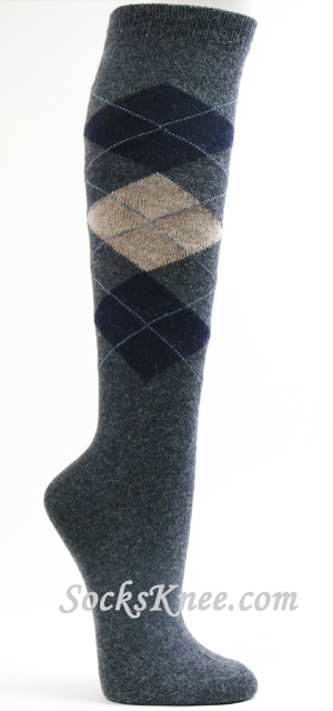 Charcoal Gray/Dark Grey Wool Socks for Women, Argyle Knee High