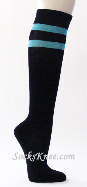 Cool Sparkling Sky Blue Striped Black Knee High Socks for Women - Click Image to Close