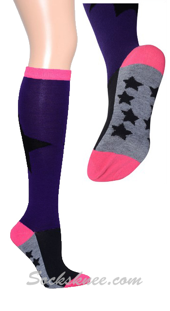 Black Bold Star-Mini Stars Dark Purple Knee High Socks - Click Image to Close