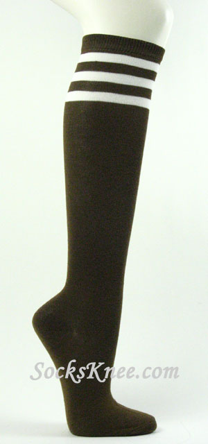 Dark Brown with White 3line striped knee high socks - Click Image to Close